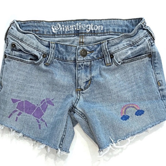 Upcycled refashion cut off unicorn Jean shorts 1 - Picture 1 of 4